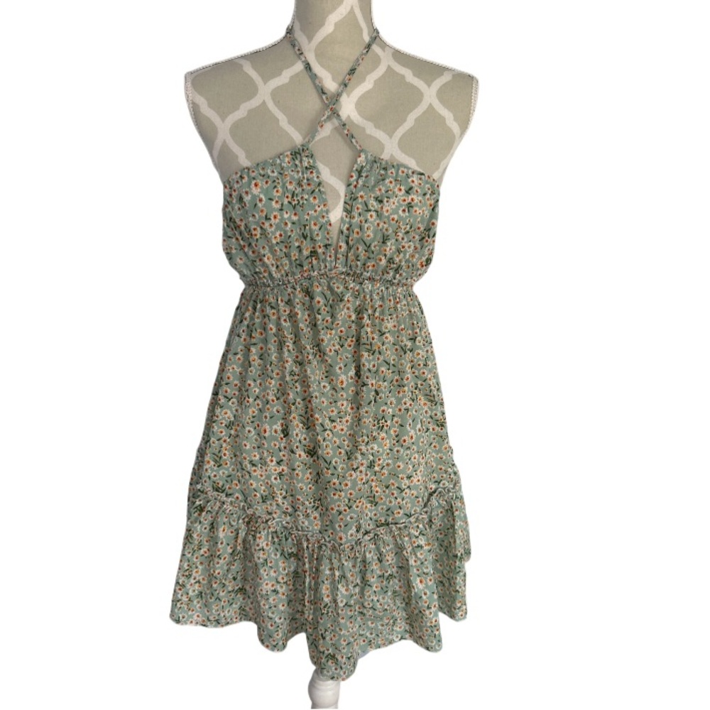 💕 Shein Light Green Floral Print Mini Sundress Adjustable Tie V-Neck Size 4 - Picture 6 of 14